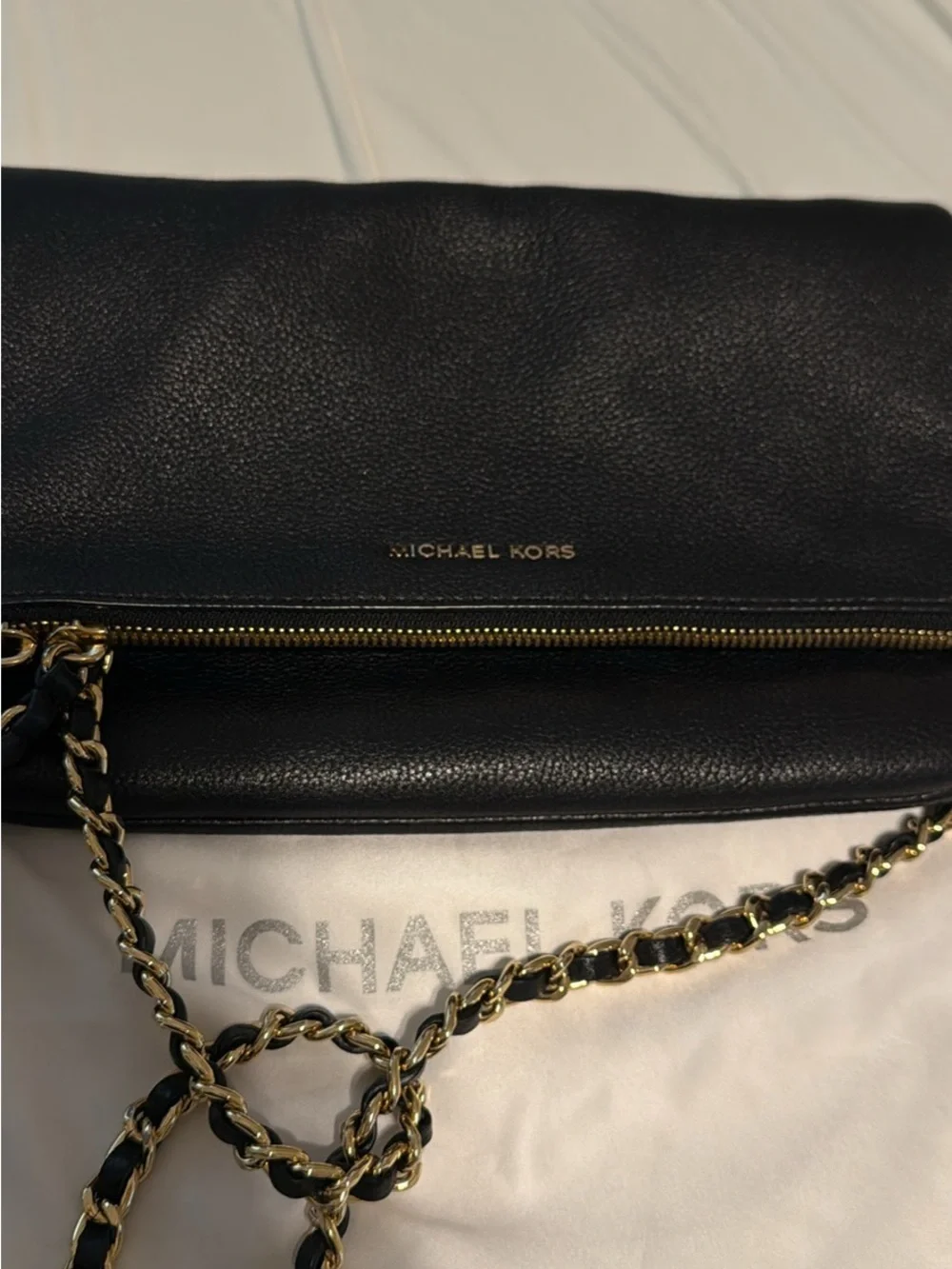 Michael Kors Black Leather Shoulder Bag with Gold Accents